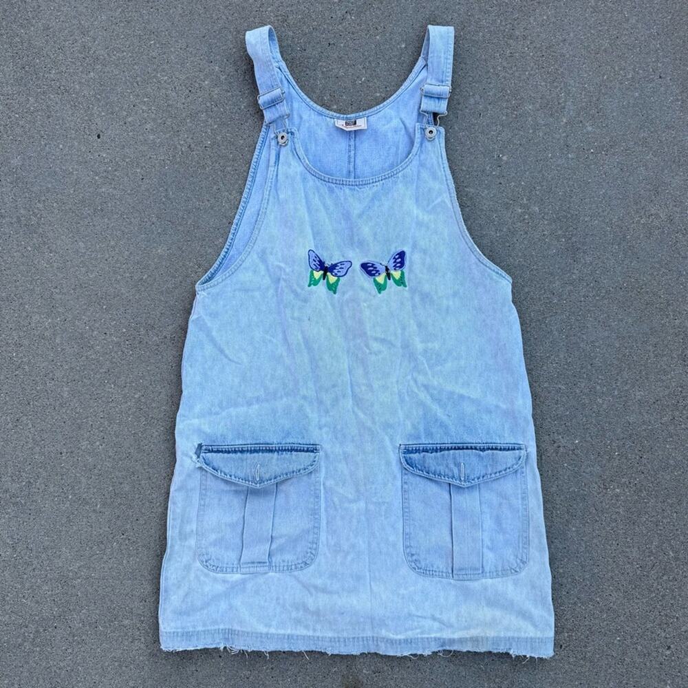 Y2K Faded glory embroidered butterfly overalls jumper dress art smock